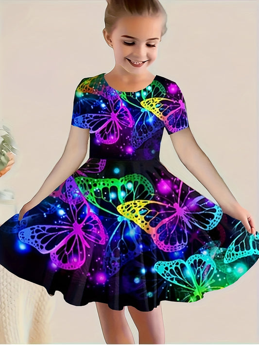 Girls Dreamy 3D Tie Dye Butterfly Print Crew Neck Short Sleeve Dress For Summer Party Gift