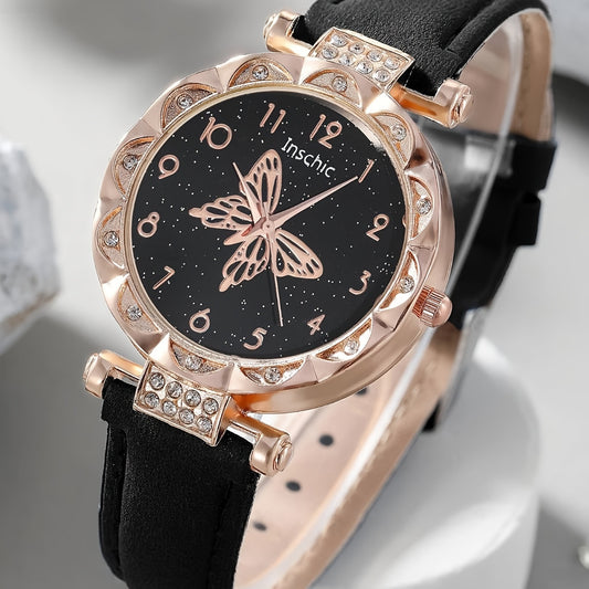 1/5pcs/set Women's Casual Butterfly Rhinestone Quartz Watch Analog PU Leather Wrist Watch & Jewelry Set, Gift For Mom Her