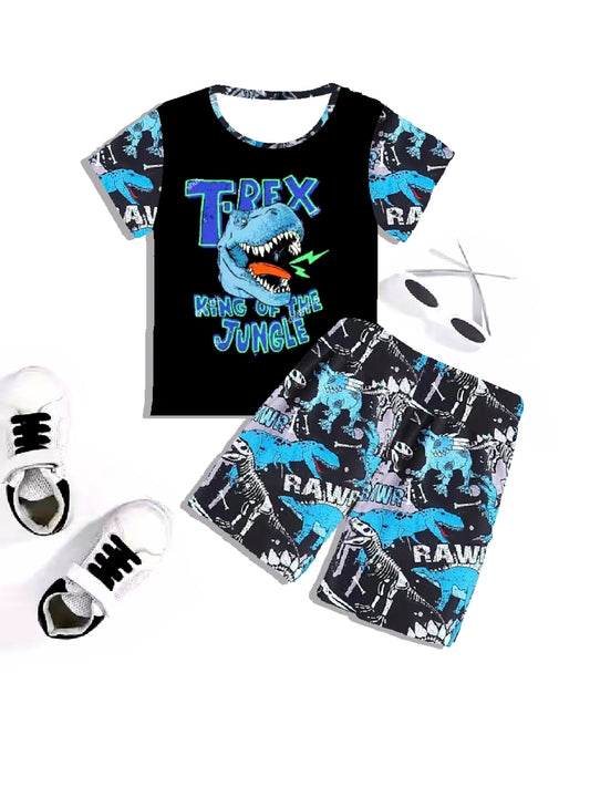 2pcs Cool Dinosaur Roar Graphic Print Boys T-shirt & Shorts Set - Comfy Summer Clothes with Fun Design