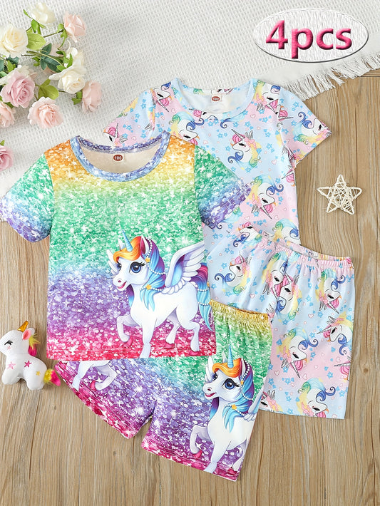 4pcs Toddler Girls Kids Pajamas 2 Sets Sister Outfits, Short Sleeve Pullovers Tops + Shorts Gradient Tie Dye Cute Cartoon Unicorn Sequin Print Cute Loungewear Set For Spring & Summer