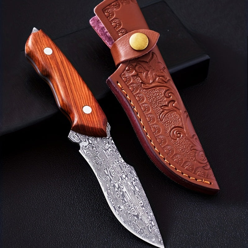 1pc Premium Damascus Steel Survival Knife with Sheath - Ideal for Self-Defense, Fishing, and Outdoor Adventures!