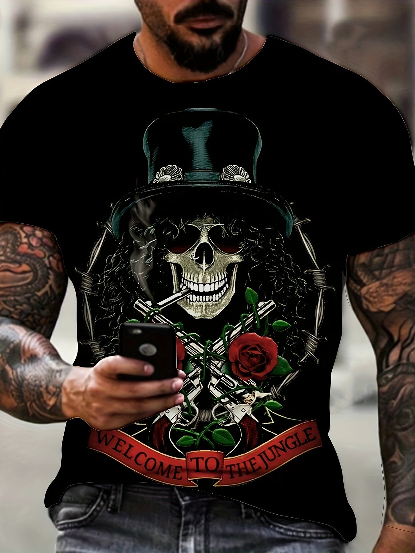 Plus Size, Summer Men's Skull & Rose Graphic Print T-shirt, Street Style Cool Short Sleeve Tees For Big & Tall Males