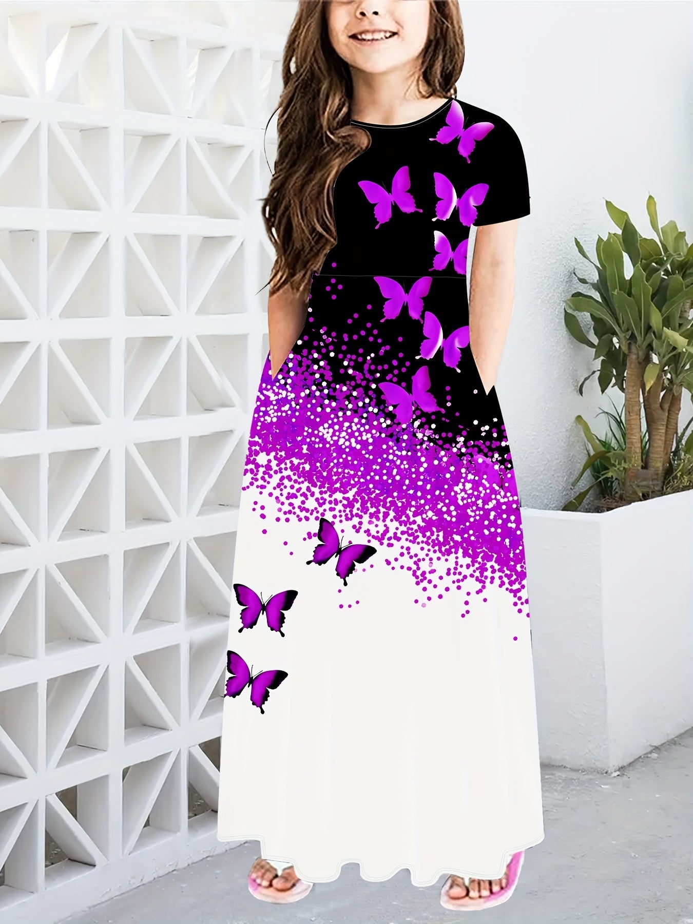 Girls Classy Purple Butterfly Print Side Pockets Short Sleeve Swing Maxi Dress For Vacation Beach Summer