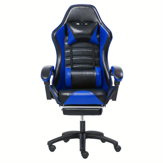 1pc Ergonomic Gaming Chair With Footrest, PU Leather Video Game Chairs For Adults, Reclining Gamer Chair Office Chair With Lumbar Support, Comfortable Computer Chair For Heavy People,Blue