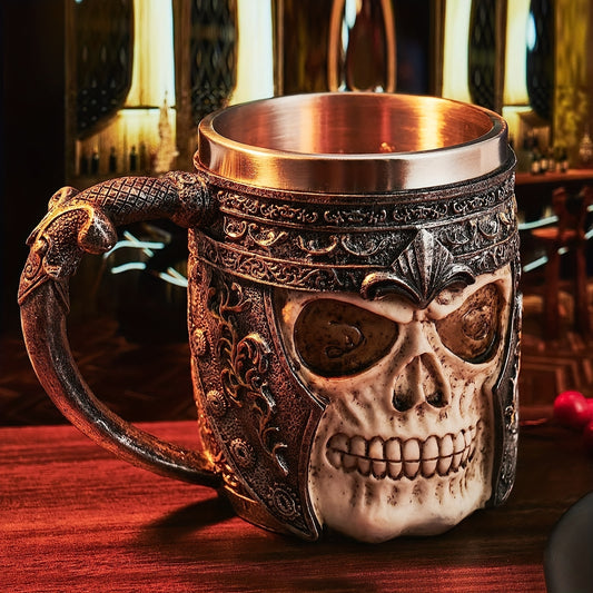 1pc Viking Warrior Skull Coffee Mug - Stainless Steel Resin Drinkware for Men and Skull Lovers - Perfect for Halloween and Bar Decor - Vintage Halloween Party Favors and Home Decor