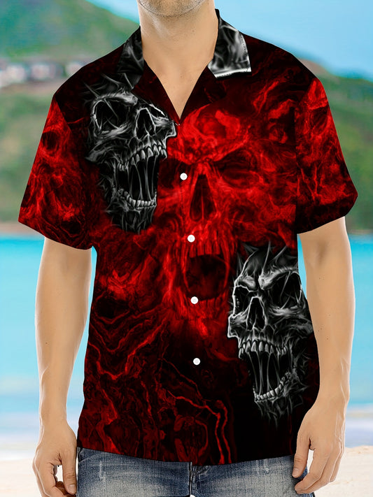 Scary Skull Heads 3D Digital Print Men's Fashion Street Short Sleeve Button Down Shirt For Summer Outdoor Party