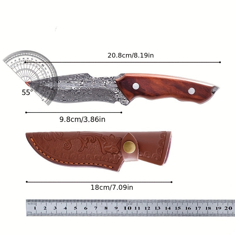 1pc Premium Damascus Steel Survival Knife with Sheath - Ideal for Self-Defense, Fishing, and Outdoor Adventures!