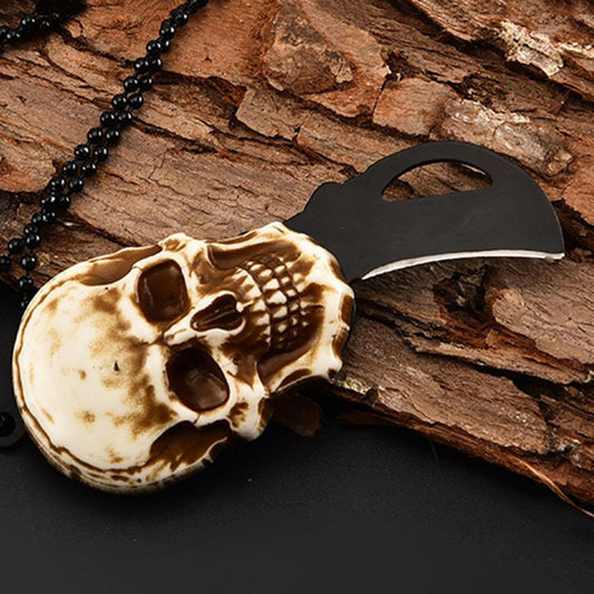 Vintage Skull Pocket Knife - Outdoor Camping Survival Tactical Tool with Necklace Keychain - Perfect Halloween & Day of the Dead Decoration