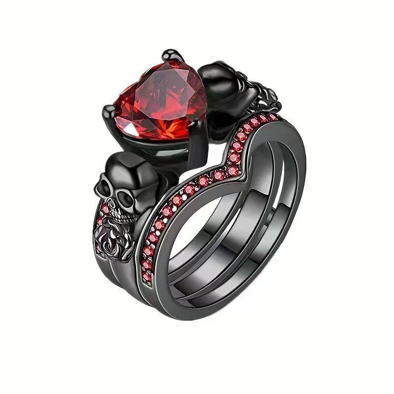 2pcs Gothic Style Skull and Rose Ring with Inlaid Scarlet Zircon - Perfect Halloween Gift for Her