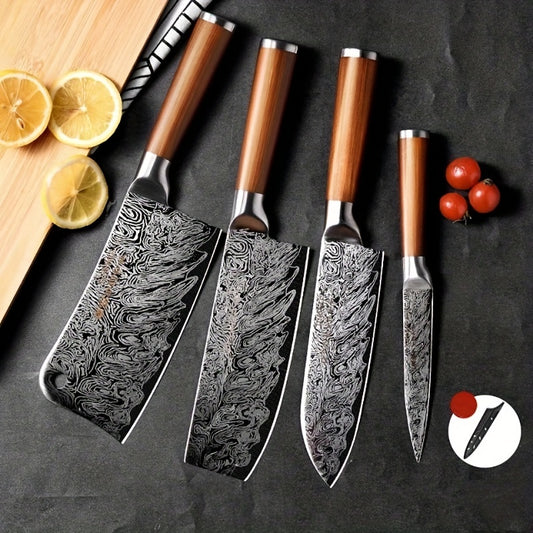 4pcs/set Damascus Pattern Heavy Duty Bone Chopping Knife, Multifunctional Sharp Fruit Knife For Outdoor Camping And Picnic