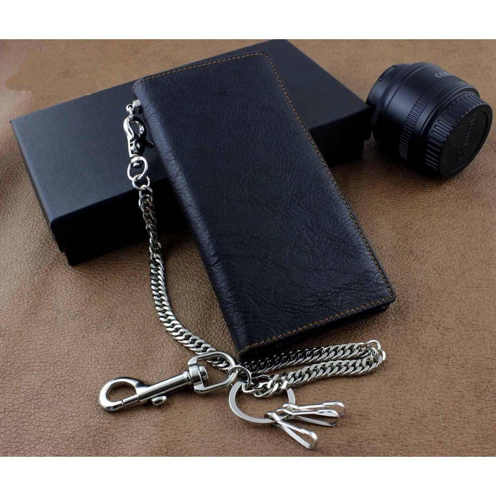 Vintage Biker Long Wallet for Men - Genuine Leather with Chain, Multi-Card Holder, and Money Clip