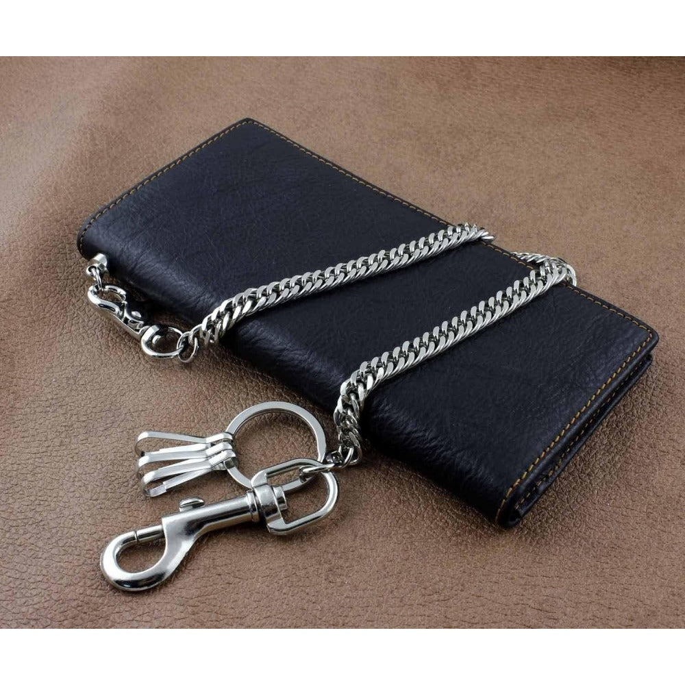 Vintage Biker Long Wallet for Men - Genuine Leather with Chain, Multi-Card Holder, and Money Clip