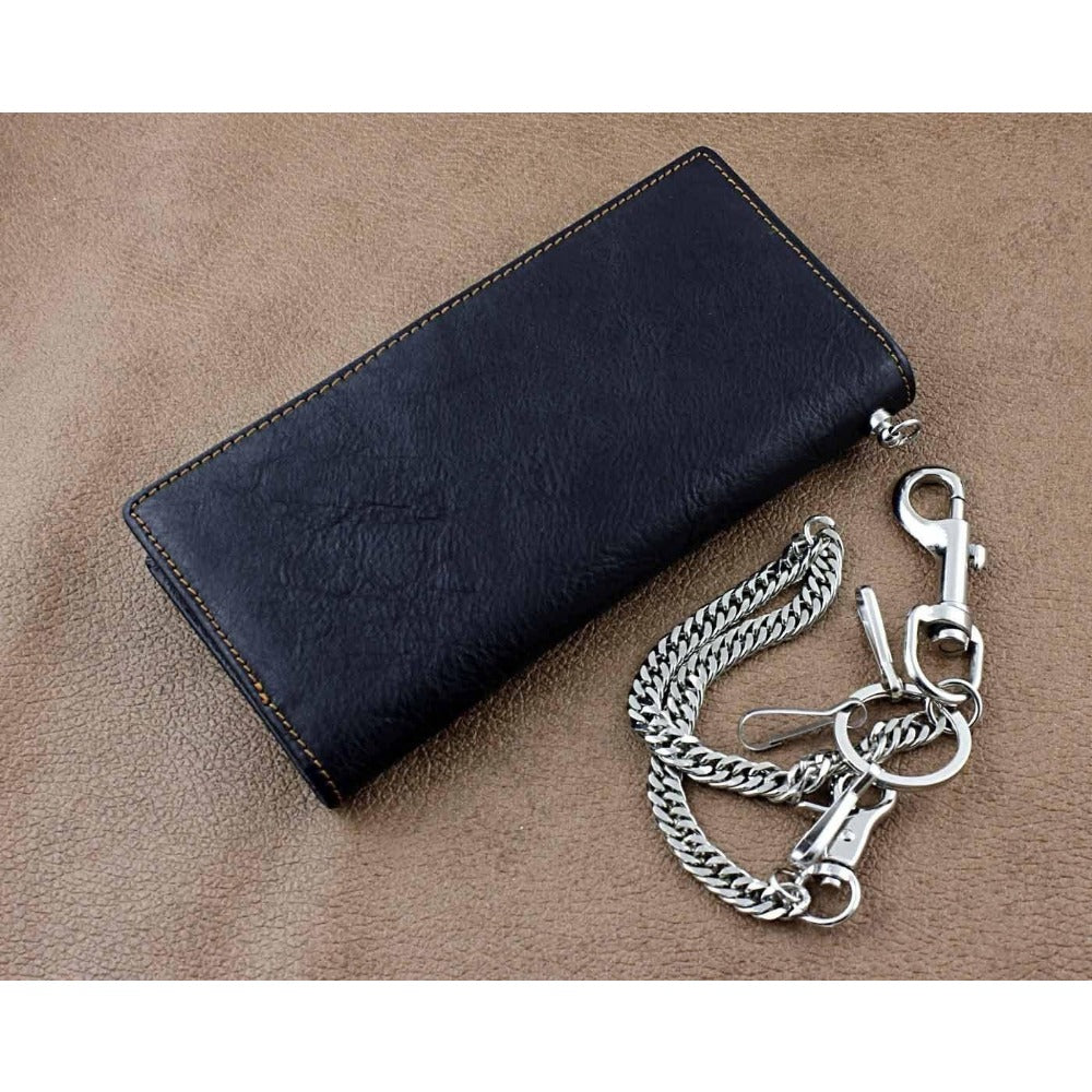 Vintage Biker Long Wallet for Men - Genuine Leather with Chain, Multi-Card Holder, and Money Clip