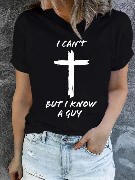 Letter & Cross Print T-shirt, Short Sleeve Crew Neck Casual Top For Summer & Spring, Women's Clothing