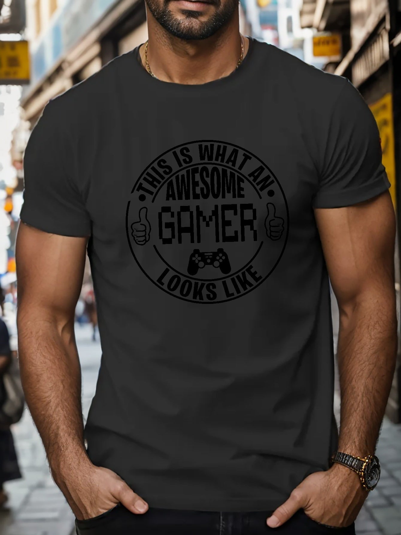 THIS IS WHAT AN AWESOME GAMER LOOK LIKE Letter Graphic Print Men's Creative Top, Casual Short Sleeve Crew Neck T-shirt, Men's Clothing For Summer Outdoor