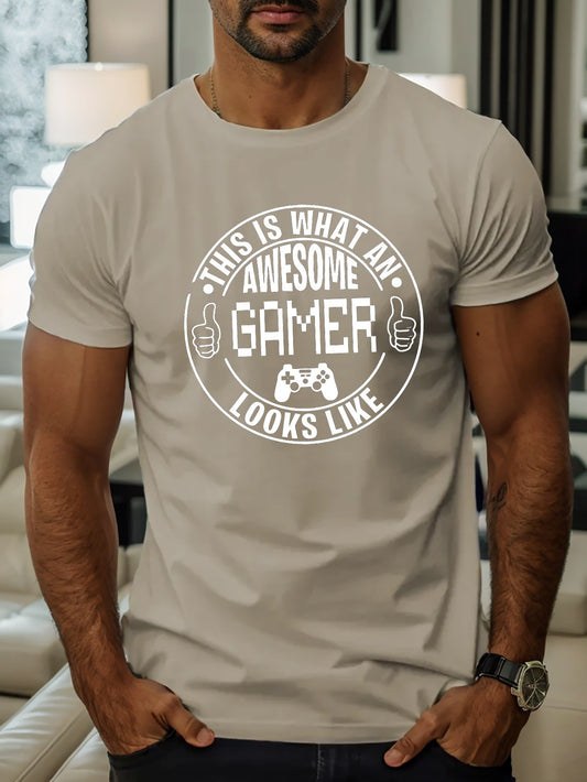 THIS IS WHAT AN AWESOME GAMER LOOK LIKE Letter Graphic Print Men's Creative Top, Casual Short Sleeve Crew Neck T-shirt, Men's Clothing For Summer Outdoor