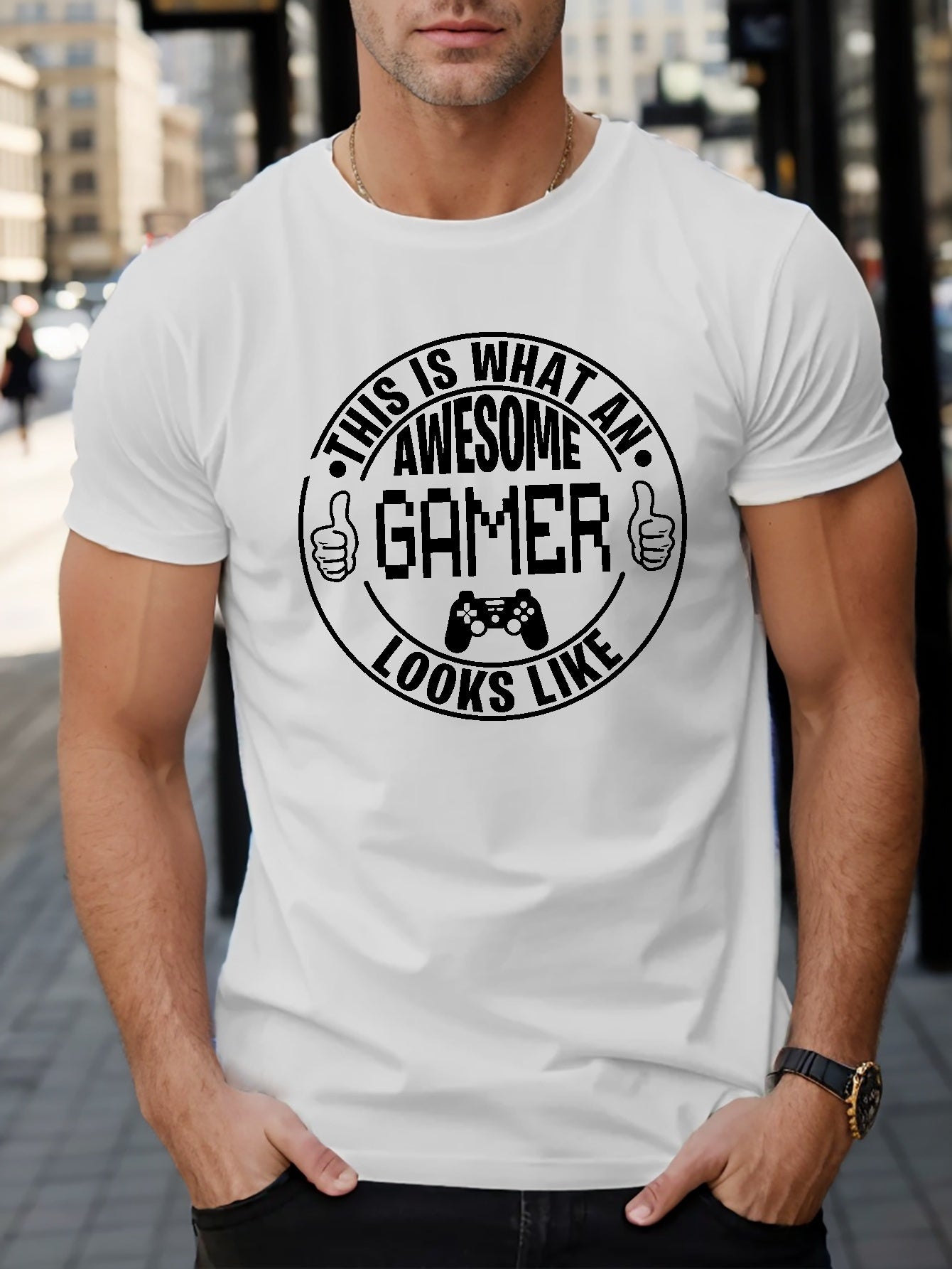 THIS IS WHAT AN AWESOME GAMER LOOK LIKE Letter Graphic Print Men's Creative Top, Casual Short Sleeve Crew Neck T-shirt, Men's Clothing For Summer Outdoor