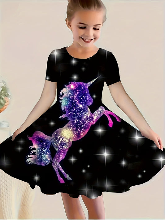 3D Glittering Unicorn Print Short Sleeve Dress Girls Casual Crew Neck Dresses For Summer Party