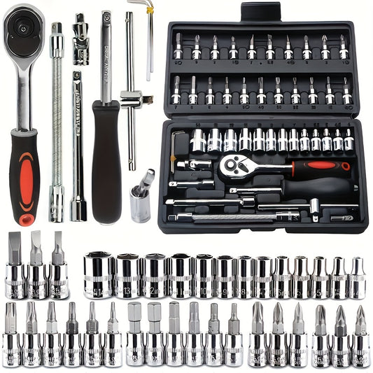 46pcs Mechanical Tool Kit for Car and Bike Repair - Ratchet Torque Wrench, Screwdriver, Socket Combination Tool Set with Case