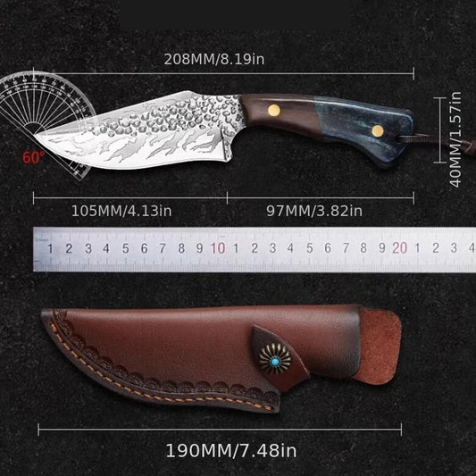 1pc Hand-forged Damascus Steel Pattern Knife, Outdoor Survival Knife With Leather Sheath, Practical EDC Knife