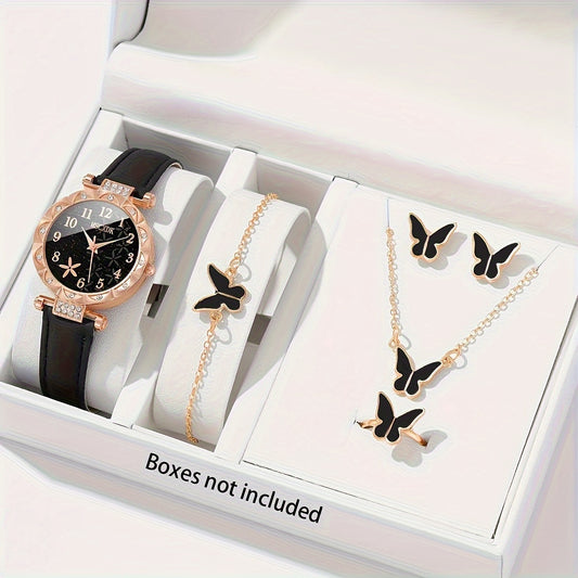 6pcs/set Elegant Flower Rhinestone Quartz Watch Analog PU Leather Wrist Watch & Butterfly Jewelry Set, Gifts For Women Her