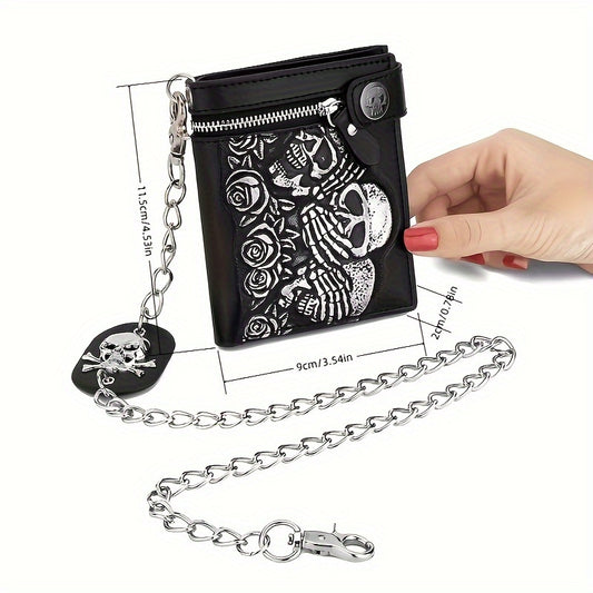 1pc RFID Blocking Men's Bifold Wallet with Chain - Skull Punk Biker Style for Secure and Stylish Storage