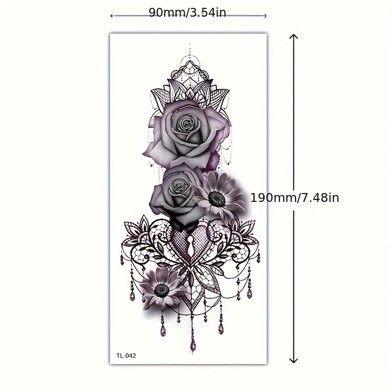 1sheet, Waterproof Long-lasting Tattoo Sticker, Gothic Sexy Rose Flower Pattern Temporary Tattoo, For Men Women Daily Party Supplies Makeup Accessories