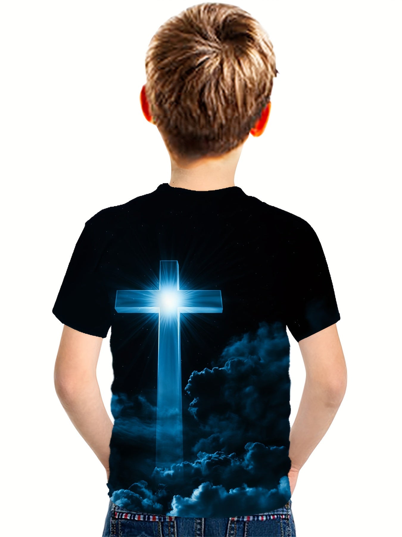 Cross In The Sky 3D Print Crew Neck T-shirt, Short Sleeve Casual Comfy Summer Tee Tops For Boys