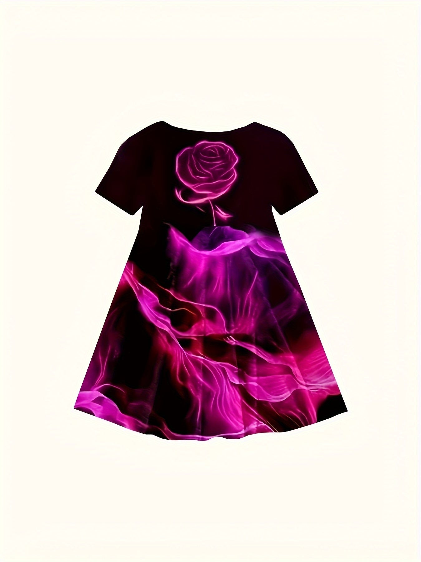 3D Rose Flower Print Crew Neck Short Sleeve Dress For Girls Summer Party Gift