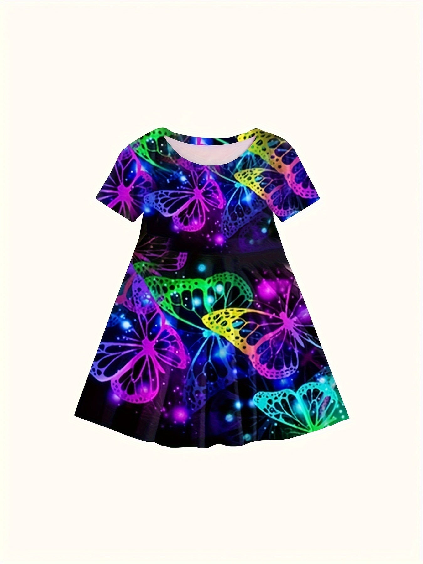 Girls Dreamy 3D Tie Dye Butterfly Print Crew Neck Short Sleeve Dress For Summer Party Gift