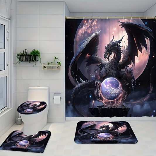 1/3/4pcs Dragon Print Bathroom Set, Water Resistant Curtain With 12 Hooks, Non-Slip Bathroom Rug, Toilet U-Shape Mat, Toilet Lid Cover Pad, Decorative Bathroom Set, 180*180cm/70.8*70.8in, Bathroom Accessories