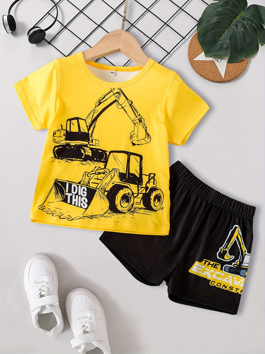 Toddler Boy's 2pcs, T-shirt & Shorts Set, Cartoon Engineering Car Print Short Sleeve Top, Color Clash Casual Outfits, Kids Clothes For Summer