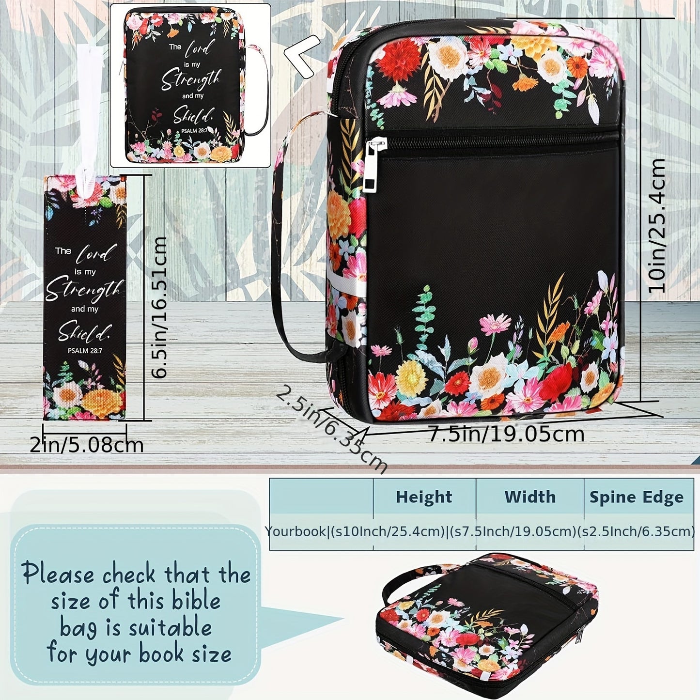 Bible Cover Floral Bible Case With Handle And Zippered Back Pocket 10 Inch Women Bible Bag With Bookmark Portable Bible Carrying Case For Bible Study, Outdoor, Daily Commuter