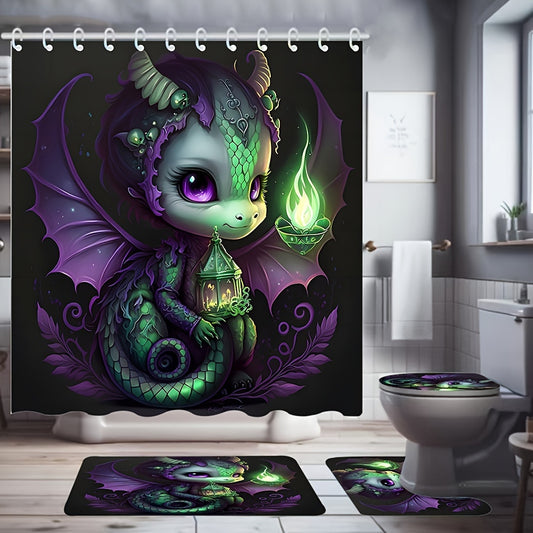 1/4pcs Dragon Pattern Shower Curtain Set with Non-Slip Bath Rug and Accessories - Waterproof Bathroom Decor with 12 Hooks and Toilet Lid Cover Pad