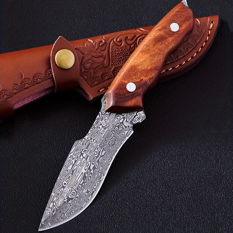 1pc Premium Damascus Steel Survival Knife with Sheath - Ideal for Self-Defense, Fishing, and Outdoor Adventures!