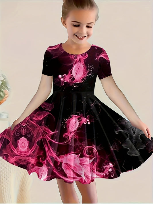 Girls 3d Petals Print Short Sleeve Dress Casual Dresses For Summer Party Gift