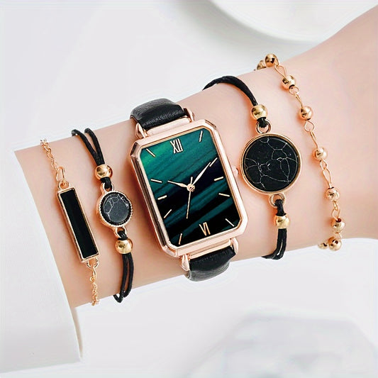 5pcs/set Women's Vintage Rectangle Quartz Watch Analog PU Leather Wrist Watch & Bracelets, Gift For Mom Her