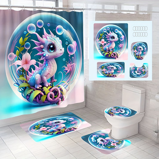 4pcs Bubble Dragon Pattern Shower Curtain Set, Waterproof Shower Curtain With 12 Hooks, Non-Slip Bathroom Rug, Toilet U-Shape Mat, Toilet Lid Cover Pad, Bathroom Decor, Bathroom Accessories