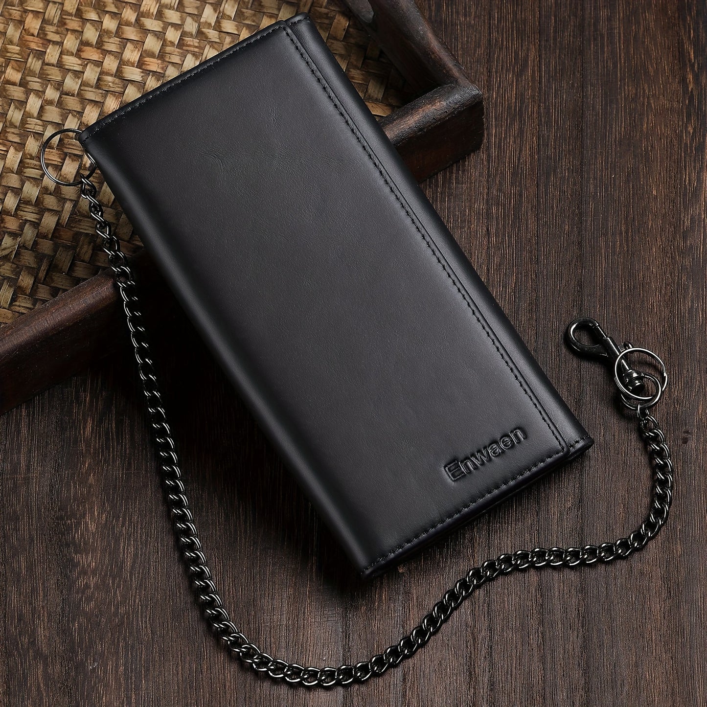 1pc Men's Cowhide Long Wallet With Chain, Genuine Leather Long Trifold Wallet With Anti-Theft Chain