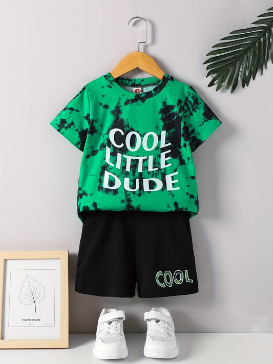 Boy's 2pcs, T-shirt & Shorts Set, COOL LITTLE DUDE Tie Dye Print Short Sleeve Top, Casual Outfits, Kids Clothes For Summer