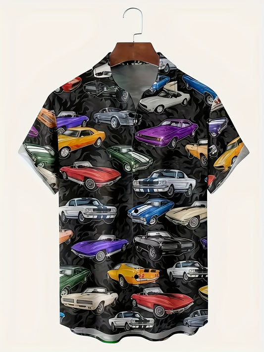 Men's Vehicle Print Casual Shirt - Short Sleeve Button Up for Spring/Summer - Stylish and Comfortable