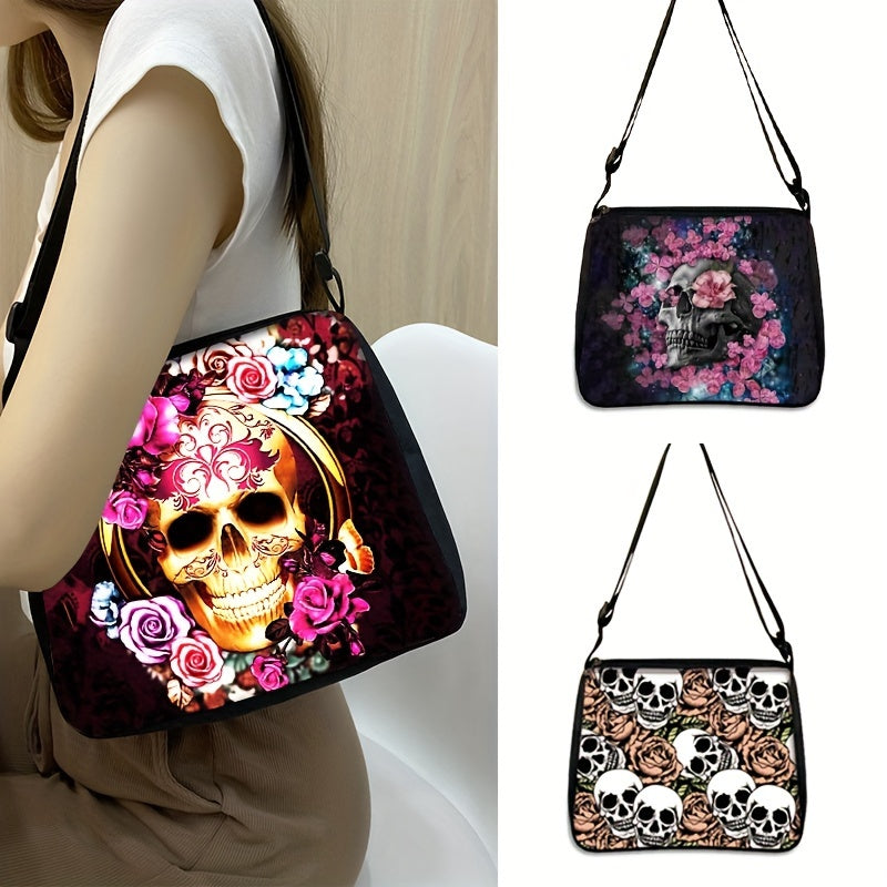 Flower Skull Pattern Shoulder Bag, Halloween Night Handbag, Trendy Crossbody Purse For Women