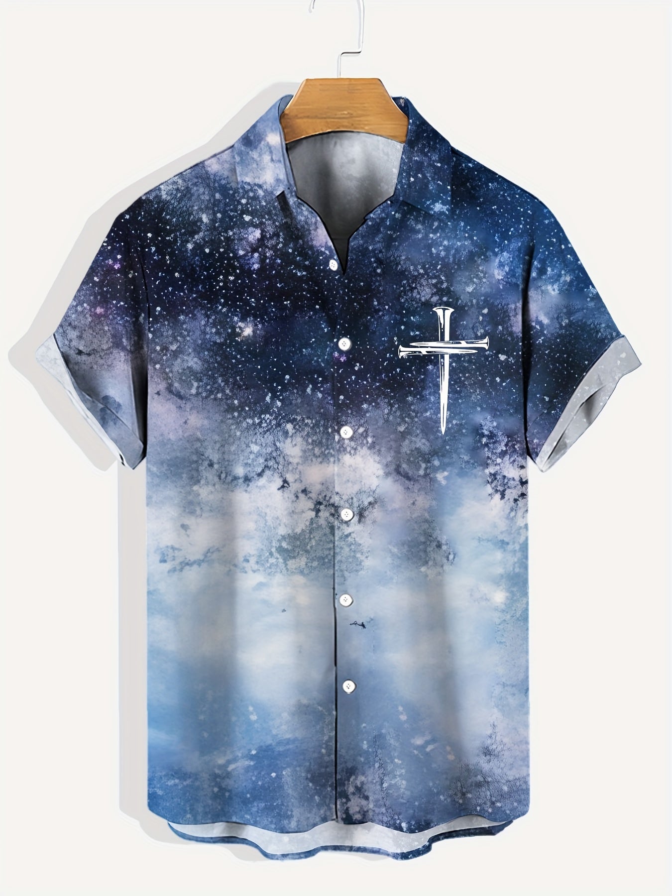 2024 Men's Religious Graphic Pattern And Starry Sky Print Lapel Shirt With Button Down Placket And Short Sleeve, Trendy And Casual Tops For Men, Suitable For Summer Outdoors Wear