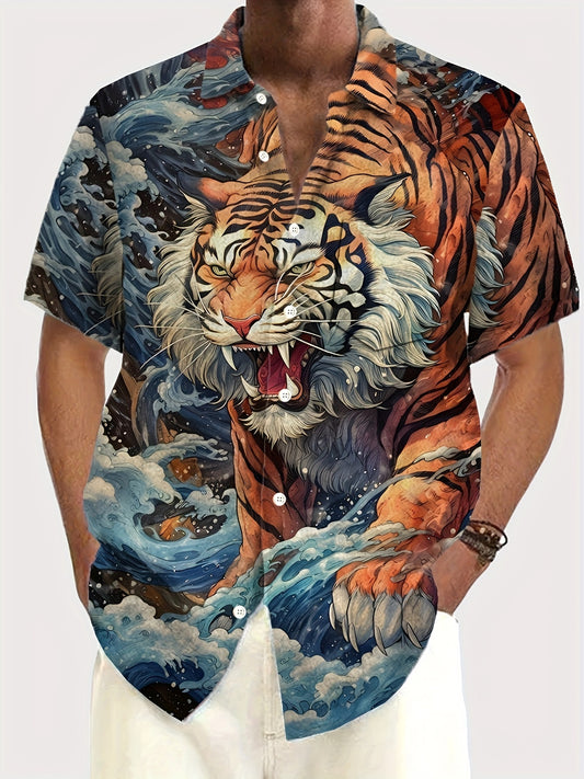 Anime Tiger And Clouds Graphic Print Men's Chic Short Sleeve Button Down Shirt For Summer Holiday