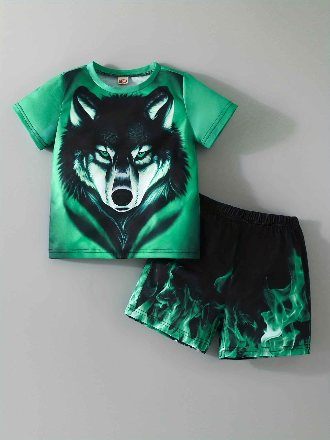 Wolf & Flame Print T-Shirt and Shorts Set for Summer Kids - Casual Short Sleeve Top and Pants with Fun Design