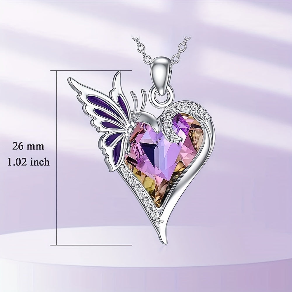 Elegant Heart-Shaped Purple Crystal Butterfly Pendant Necklace - Perfect Gift for Women and Friends