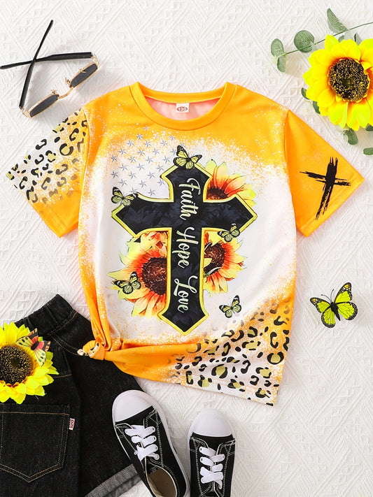 Sunflower Leopard Graphic T-Shirt for Girls - Casual Summer Top with Round Neck for Teens and Kids