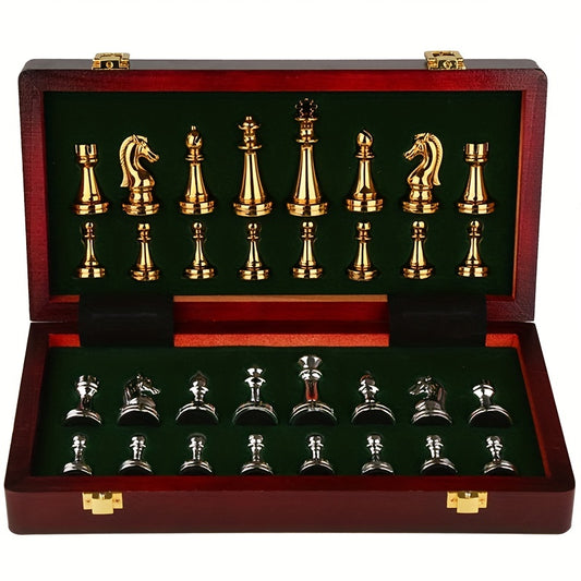 High-Quality Wooden Chess Set with Heavy Metal Pieces - Conveniently Folds for Storage