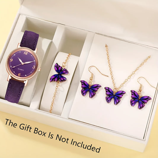 5pcs/set Elegant Purple Quartz Watch with Butterfly Jewelry Set - Perfect Gift for Mom and Her