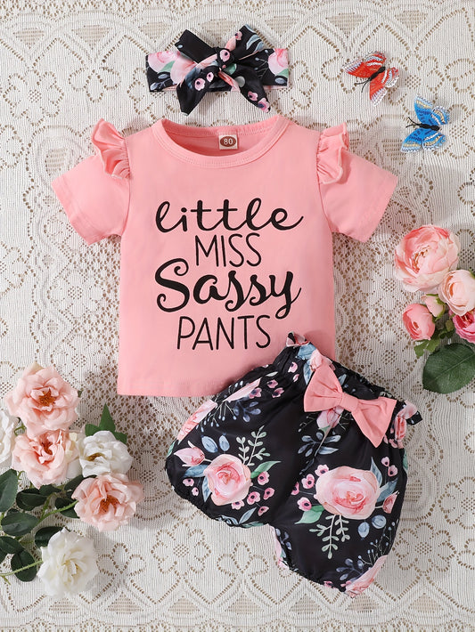 2pcs Toddler's "Little Miss Sassy Pants" Print Summer Outfit, T-shirt & Floral Pattern Shorts, Baby Girl's Clothes